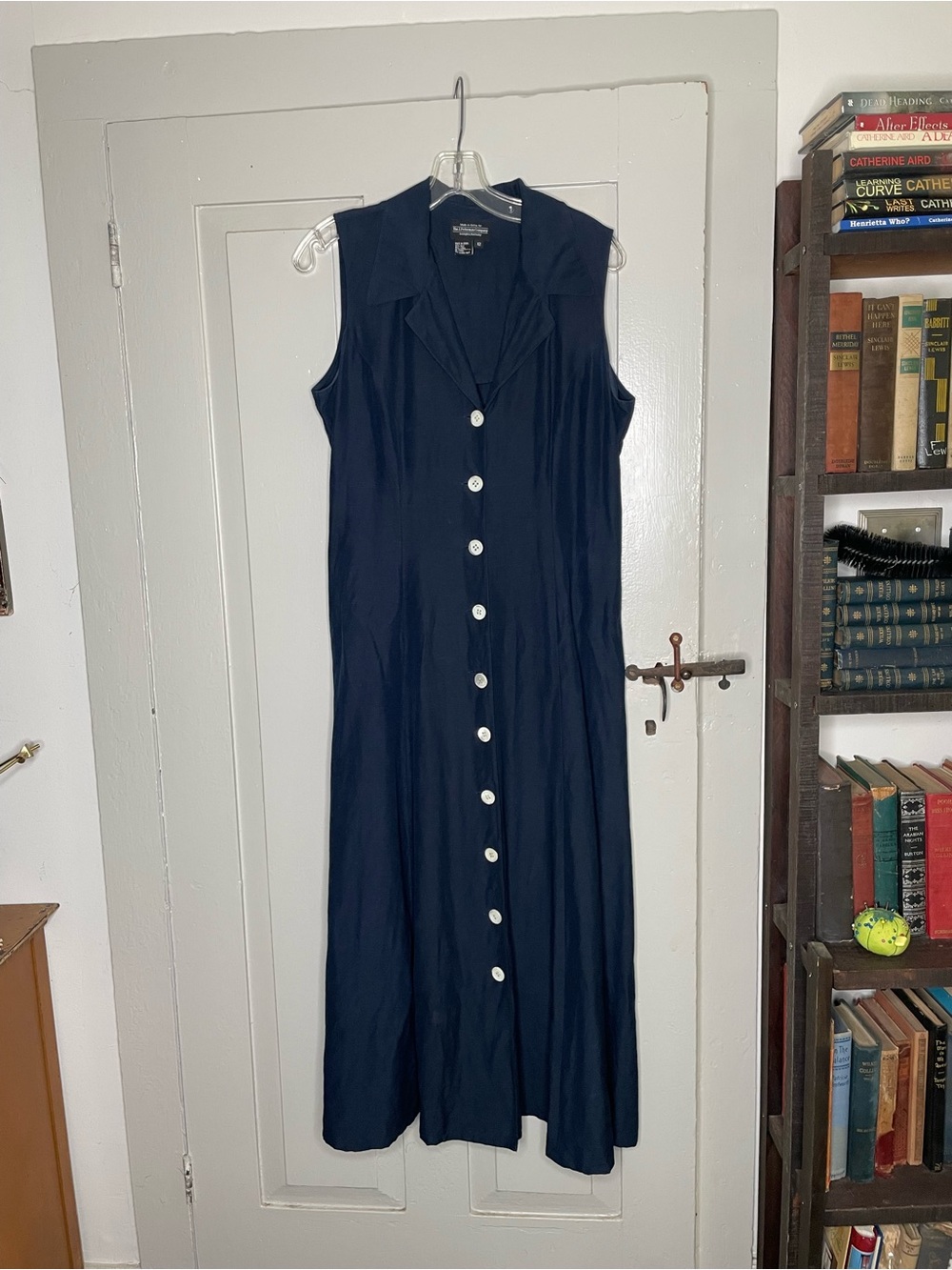J Peterman blue silk button front sleeveless dress